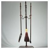 (4pc) Wrought Iron Fireplace Tools & Stand | Cast iron, hand-wrought set including shovel with forge