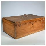 ANTIQUE DOVETAILED WOOD TOOLBOX | With brass handle, hook closures Dimensions: h. 8 x w. 21 x d. 12.