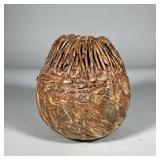 Country Art Pottery Vessel with Straw-Style Rim | Country art pottery vessel with applied straw or g