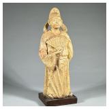 ASIAN STATUE | Small plaster statue of Asian figure with fan on wood base - h. 23 x w. 7.75 x d. 7.2