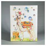 LLAMA GICLEE | Llama blowing bubbles Embellished giclee on stretched canvas. Dimensions: h. 16 x w. 