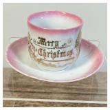 CHRISTMAS CUP & SAUCER | Antique Victorian Edwardian Merry Christmas” Pink Lustre Cup & Saucer. Mark