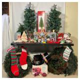 CHRISTMAS DECORATIONS | Vintage Xmas Lot Includes: Pr of Trees in ceramic urns with box; wreaths; li