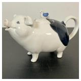 TAKAHASHI PIG TEAPOT | A Vintage porcelain hand painted Pig Teapot with bird on lid, produced by Tak