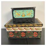 FOLK ART BOXS | Two lots including: Decorated box with lid with floral decoration, and a miniature b