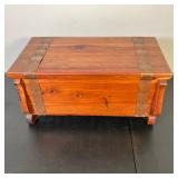 DOLL CEDAR CHEST | Vintage Child’s chest for doll clothes or storage with inner tray and brass bands