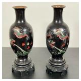 SHAOAN FOOCHOW CHINA VASES | Pair of Vintage Black Lacquer Paper Mache Vases with hand-painted Drago