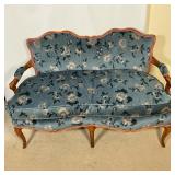 PAIR OF FRENCH COUNTRY SETTEES | Very nice pair of petite Settees in a blue floral brushed cotton fa