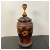 CARVED WOODEN URN | Vintage hand carved lidded Urn with a multi color flower design. Shipping Avaiab