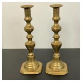 BRASS CANDLESTICKS | Pair of Brass Candlesticks marked “Solid English” with beehive turnings, square
