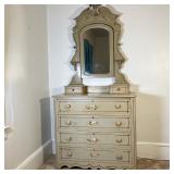 VICTORIAN COTTAGE CHEST | 19th C Painted Cottage Chest with mirror, original putty color with hand p