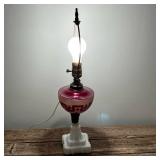 CRANBERRY OIL LAMP | Great 19th C Oil Lamp with a Cranberry Satin etched font with milk glass base. 