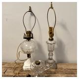 ANTIQUE OIL LAMPS | Three 19thC oil lamps including: 1. Clear decorated font with milk glass scrolle