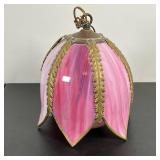 SLAG GLASS HANGING LAMP | Vintage Tulip shaped pendant ceiling light in a pink & white slag glass, w