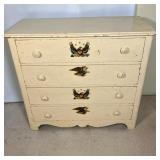 ANTIQUE PINE CHEST | 19th C Cottage chest with four drawers, painted off white with eagle decals. Di