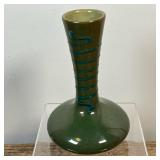STUDIO POTTERY MCM VASE | Modern Vase in an earthy green glaze with a turquoise blue squiggle decora