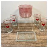 RED ROOSTER GLASSES & SVEND JENSEN DISH | Mid Century Vintage Glass Lot including: 1. Four Libbey Re