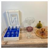 VINTAGE GLASS LOT | 6 Piece Lot Includes: 1. Amber Depression Glass with gold octagon etched flower 