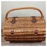 ROUND PICNIC BASKET | “Picnic Time Botanica” wicker picnic basket for two. Stainless utensils, glass