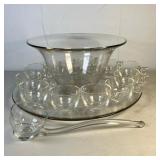 MCM PUNCH BOWL W/12 CUPS | Vintage Modern clear plain Punch Bowl h 7” Dia 12.5” with matching under 
