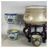 VINTAGE ASIAN STYLE POTS | Including: 1. Asian style buff/gray glaze pot/Jardinere with fluer-de-lis
