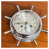 SALEM SHIP’S BELL CLOCK | Yacht wheel form ship’s bell clock in a chrome case with hinged bezel and 