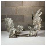 (2pc) Silver-Plated Fighting Roosters | A pair of intricately detailed rooster figures in dynamic fi