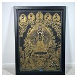 Thangka-Style Buddhist Painting | Gold paint on a black ground depicting a multi-armed bodhisattva s