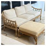 (2pc) McGUIRE RATTAN & RAWHIDE THREE-CUSHION SOFA & OTTOMAN, ORGANIC MID CENTURY | Three seat sofa w