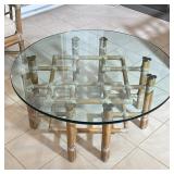 McGUIRE RATTAN, RAWHIDE & GLASS LOW TABLE, ORGANIC MID CENTURY | Low table designed as a round glass