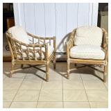 PAIR McGUIRE RATTAN & RAWHIDE ARMCHAIRS, ORGANIC MID CENTURY | Leather woven wood / bamboo style arm