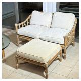 (2pc) McGUIRE RATTAN & RAWHIDE SETTE WITH OTTOMAN, ORGANIC MID CENTURY | The small sofa / loveseat w