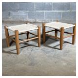 Pair Mid-Century Shaker Style Footstools | Mid-century style stools with woven seats over tapered wo