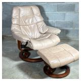 Ekornes Stressless Recliner Chair & Ottoman | Light colored leather chair with circular wood footing