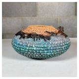 Woven Basket with Feathers | With blue paint / decoration, woven with feathers and small seeds or be