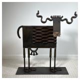 VINTAGE BILL HEISE WHIMSICAL METAL COW SCULPTURE | Heavy rod iron artwork of a cow signed by the art