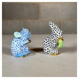 (2pc) Herend Fishnet Miniature Porcelain Figures, Bunny & Mouse | Including a rabbit in black fishne