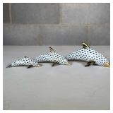 (3pc) Herend Fishnet Porcelain Dolphin Figurines | Three dolphins of graduated size in black fishnet
