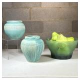 (3pc) Cache Pots & Green Bowl With Fruit | Including two similar light green or turquoise pottery va