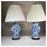 Pair Chinese Blue & White Ginger Jar Lamps | Covered jars or urns, mounted and electrified as table 