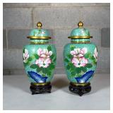 Pair Chinese Cloisonne Lidded Jars | Decorated with pink flowers on a green ground, on separate carv