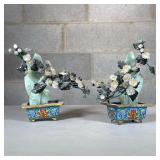 Pair Chinese Cloisonne & Hardstone Floral Displays | Miniature cloisonne jardinieres with hardstone 