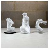 (3pc) Lalique France Frosted Glass Figurines | Frosted (satine) glass figures, including a woman wit