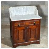 Vintage Dry Sink With Marble Top | White marble top and backsplash, having unique drawer pulls on to