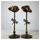 (2pc) Bronze Dragonfly Candlestick Holders | Candlesticks with applied dragonfly motifs, adorned wit