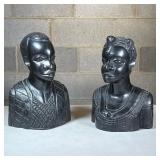 Pair African Carved Wood Busts | Hand-carved stylized male and female figures in a dark polished woo