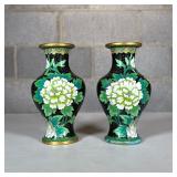 Pair of Chinese Cloisonne Vases of Small Size | With white chrysanthemum and blue bird on a black gr