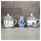 (3pc) Chinese Blue & White Porcelain Dragon Vase & Cups | Including a small blue and white vase with