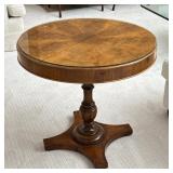 Pedestal Table with Bookmatched Top & Glass Covering | Round center hall table wood table with nicel