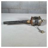 Tibetan Prayer Wheel | Mixed metals with a wood handle, the lid with three light turquoise cabochons